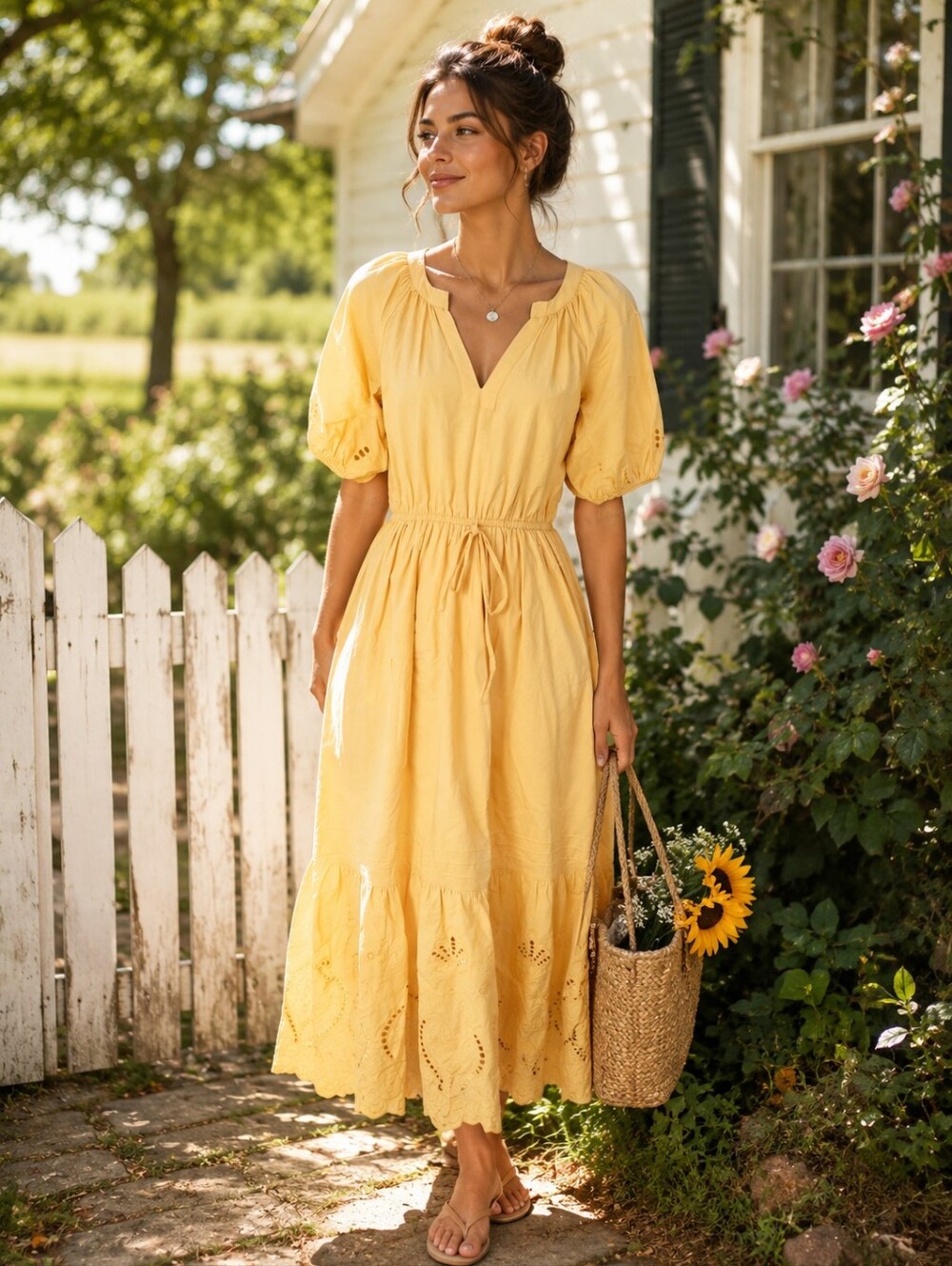 Moon River Yellow Eyelet Embroidered Midi Dress Size S